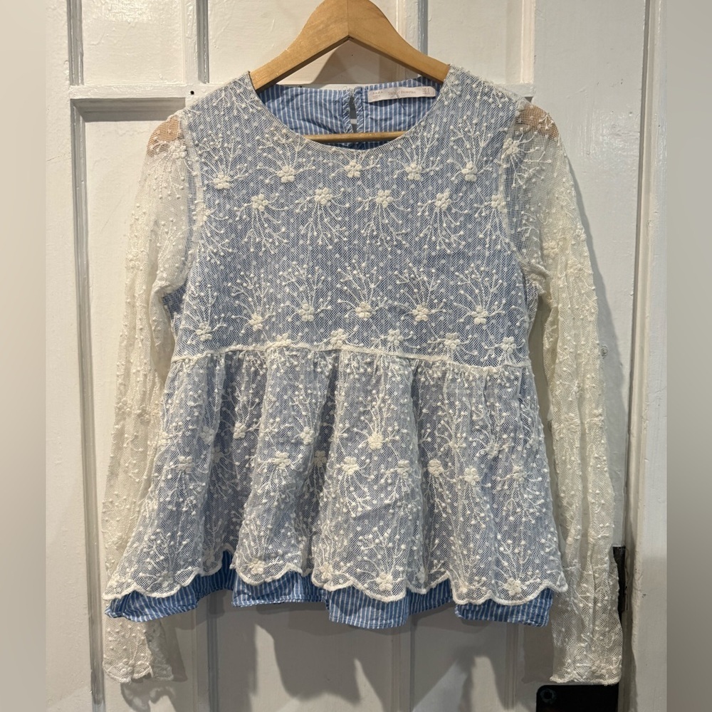 Zara Light Blue Striped Top with White Lace Overlay